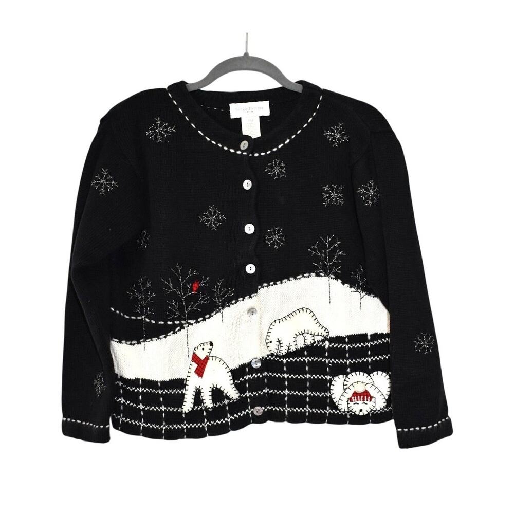 Susan Bristol Christmas Sweater Petite Medium VTG Black Snowflakes Polar Bears